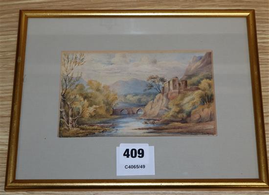 Attributed to Joseph Michael Candy, watercolour, Landscape with stone bridge, 10 x 17cm